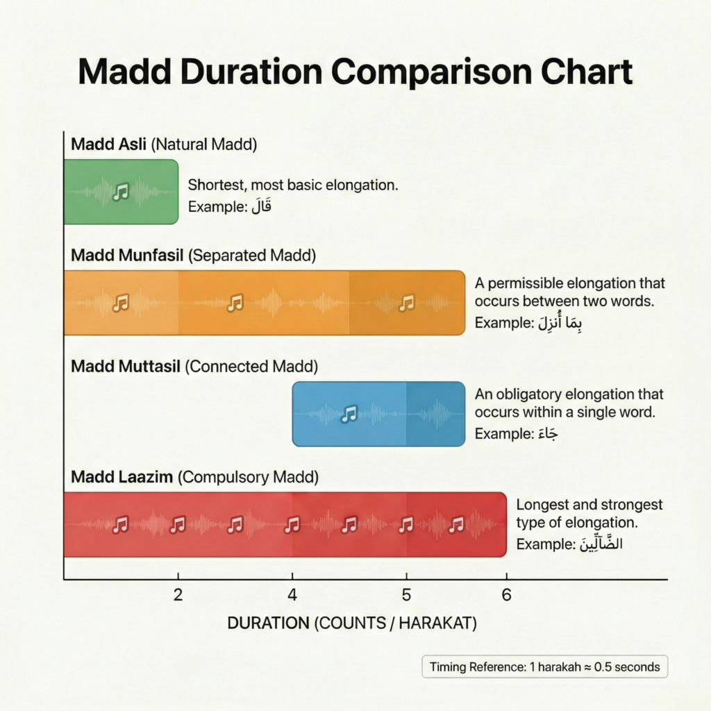 Comparison chart showing the duration of different Madd (elongation) types in Tajweed recitation from 2 to 6 counts