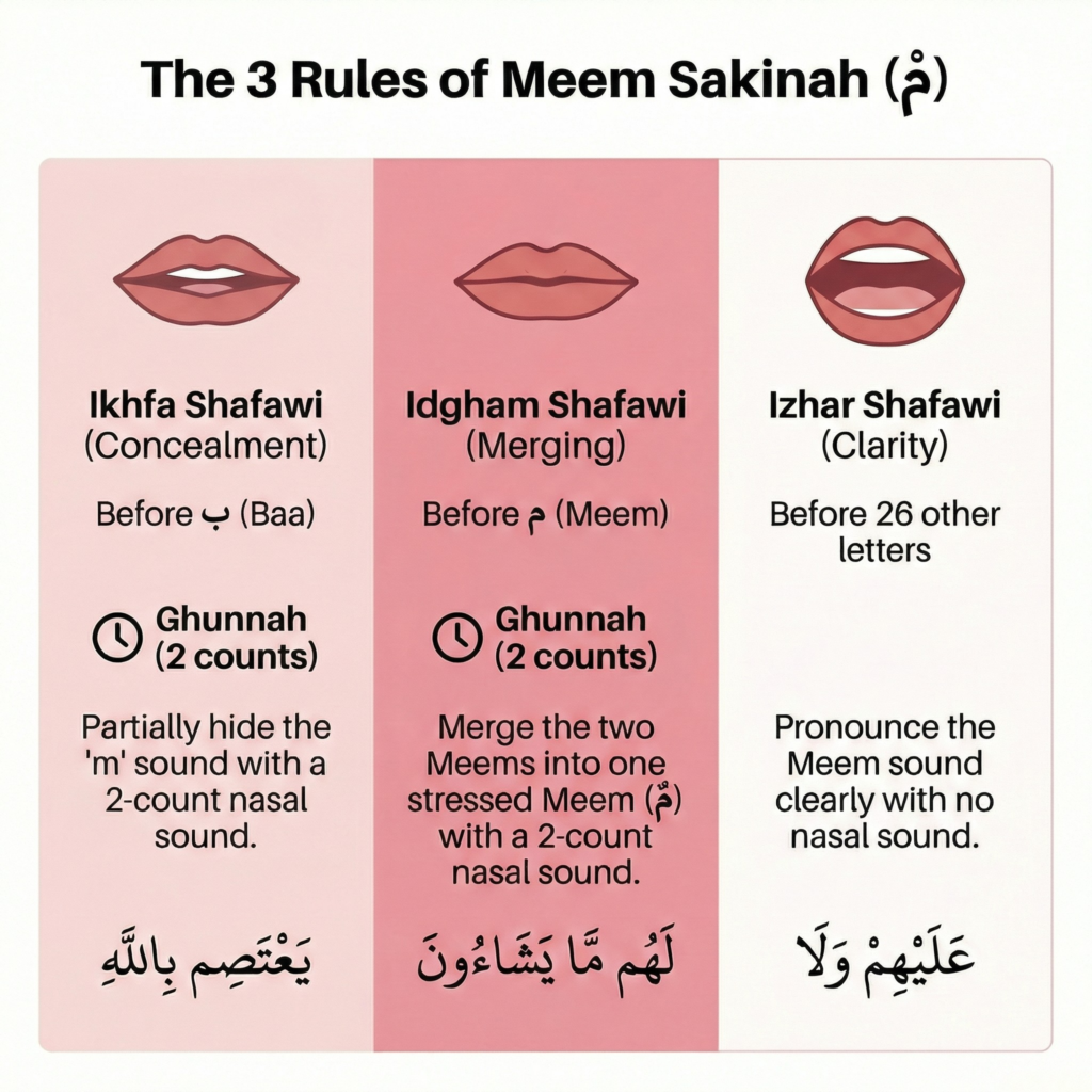 Three rules of Meem Sakinah in Tajweed: Ikhfa Shafawi, Idgham Shafawi, and Izhar Shafawi